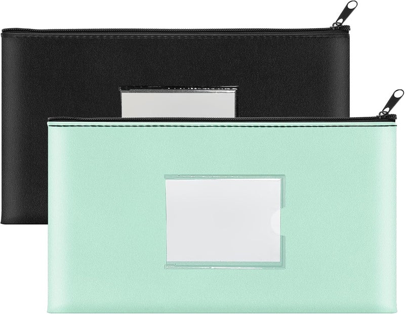 Hoiny 2 Pack Money Bags with Zipper, Bank Pouch with Label, 11 x 6.1 Inch PU Leather Cash Deposit Holder for Coins, Invoice, Bills, Cosmetics, Tools (Black & Aqua Blue) - Image 1